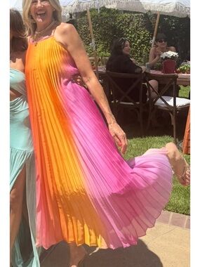 Sandro Vibrant Pink and Orange Pleated Maxi Dress